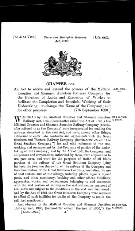 Clara and Banagher Railway Act 1880