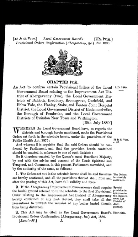 Local Government Board's Provisional Orders Confirmation (Abergavenny, &c.) Act 1880