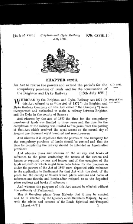 Brighton and Dyke Railway Act 1881