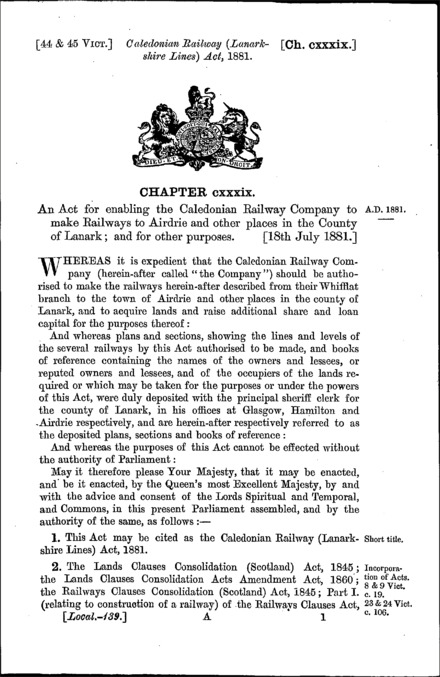 Caledonian Railway (Lanarkshire Lines) Act 1881