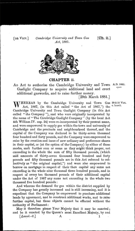 Cambridge University and Town Gas Act 1881