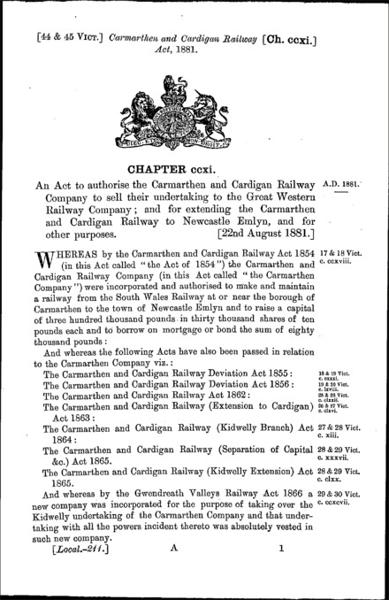 Carmarthen and Cardigan Railway Act 1881