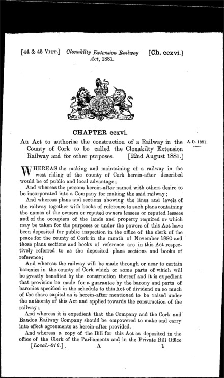 Clonakilty Extension Railway Act 1881