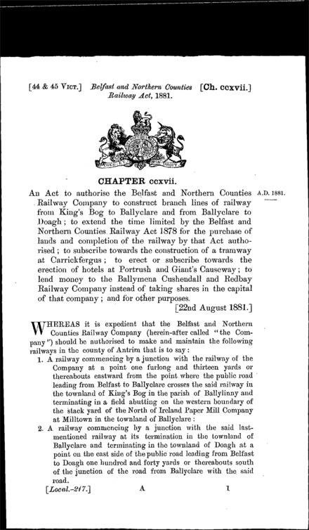 Belfast and Northern Counties Railway Act 1881