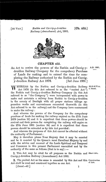 Ruthin and Cerrig-y-Druidion Railway (Amendment) Act 1881