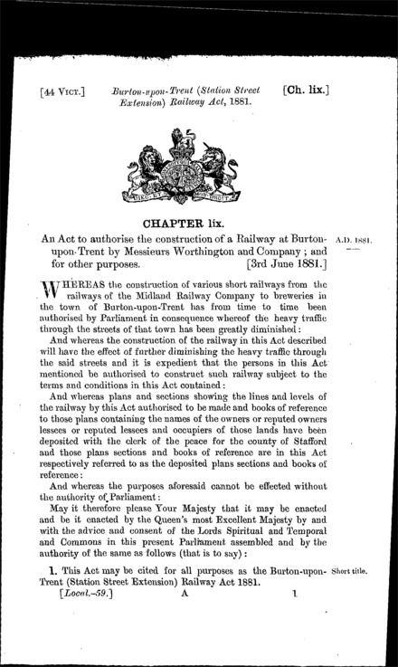 Burton-upon-Trent (Station Street Extension) Railway Act 1881