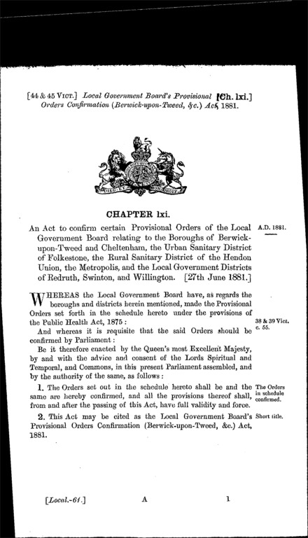 Local Government Board's Provisional Orders Confirmation (Berwick-upon-Tweed, &c.) Act 1881