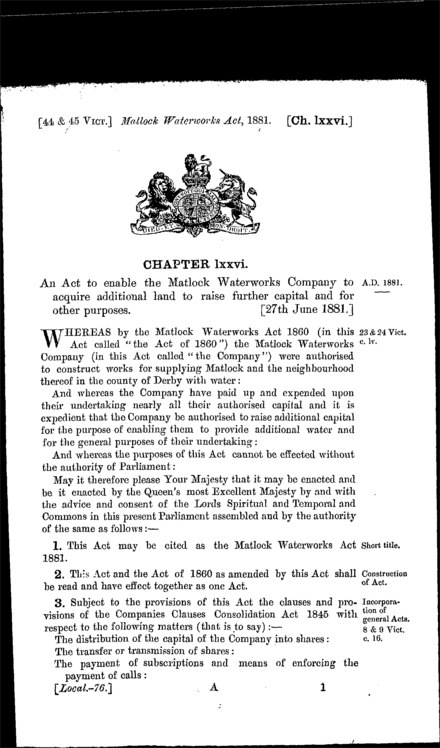 Matlock Waterworks Act 1881