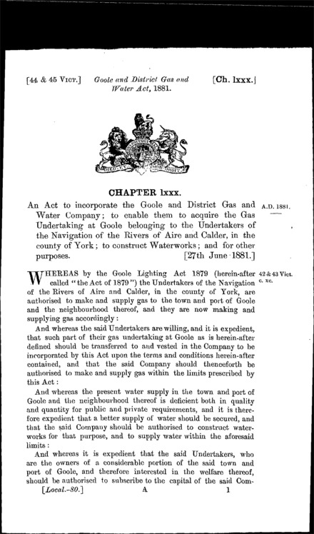 Goole and District Gas and Water Act 1881