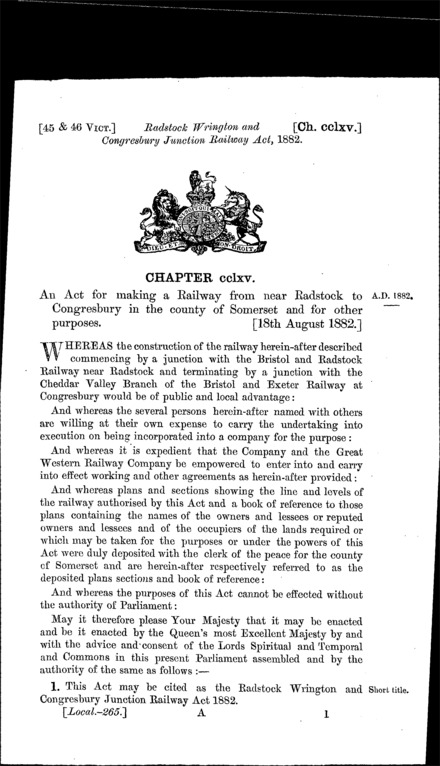 Radstock, Wrington and Congresbury Junction Railway Act 1882