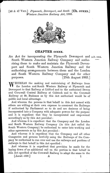 Plymouth, Devonport and South Western Junction Railway Act 1883