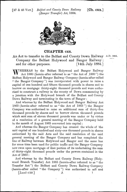 Belfast and County Down Railway (Bangor Transfer) Act 1884