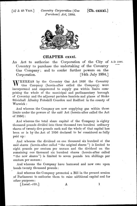 Coventry Corporation (Gas Purchase) Act 1884