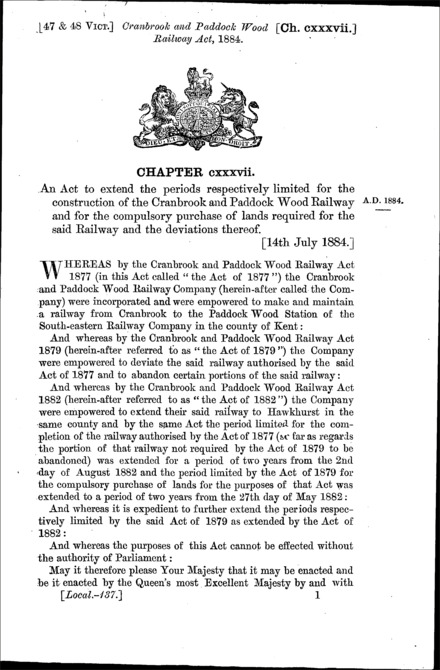 Cranbrook and Paddock Wood Railway Act 1884