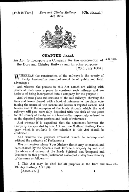 Dore and Chinley Railway Act 1884