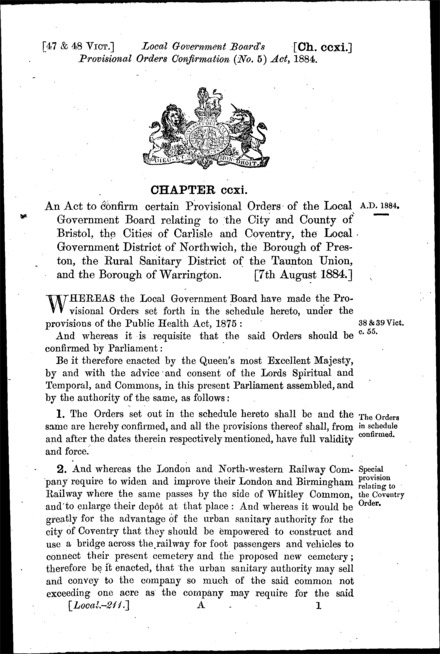 Local Government Board's Provisional Orders Confirmation (No. 5) Act 1884