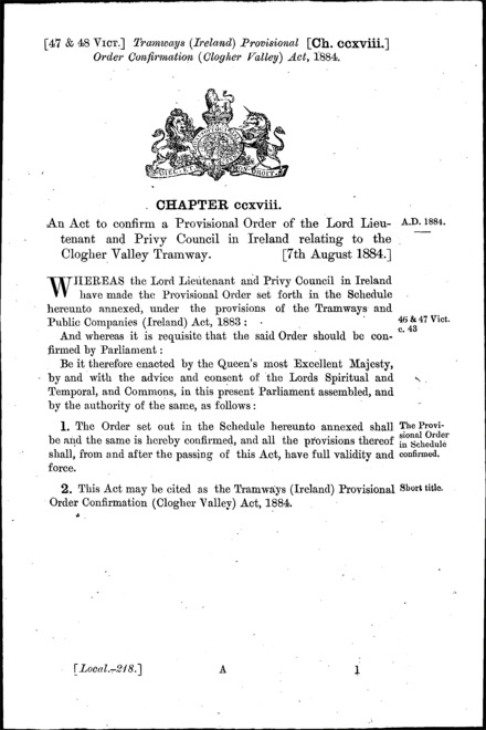 Tramways (Ireland) Provisional Order Confirmation (Clogher Valley) Act 1884