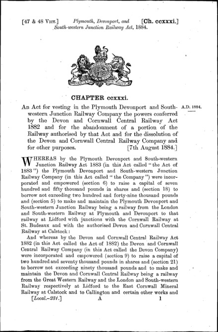 Plymouth, Devonport and South Western Junction Railway Act 1884