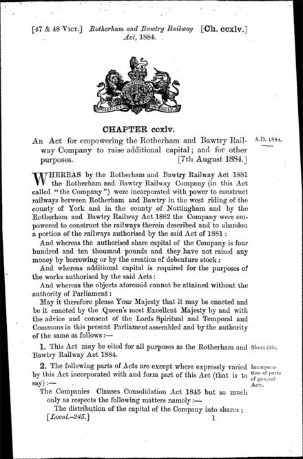Rotherham and Bawtry Railway Act 1884