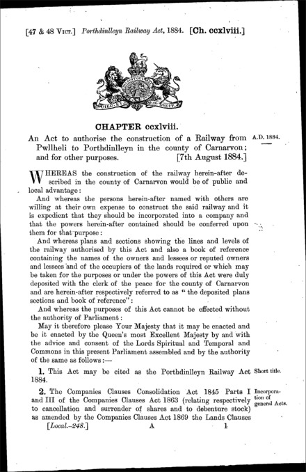 Porthdinlleyn Railway Act 1884