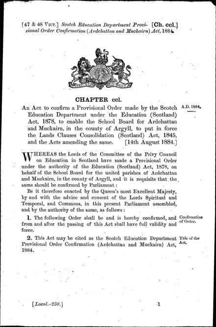 Scotch Education Department Provisional Order Confirmation (Ardchattan and Muckairn) Act 1884