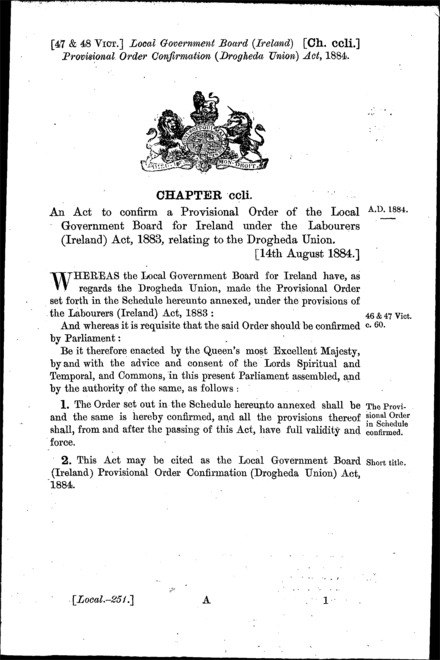 Local Government Board (Ireland) Provisional Order Confirmation (Drogheda Union) Act 1884