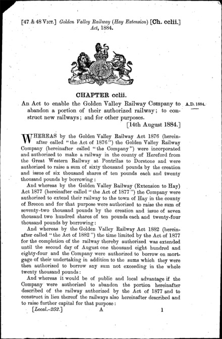 Golden Valley Railway (Hay Extension) Act 1884