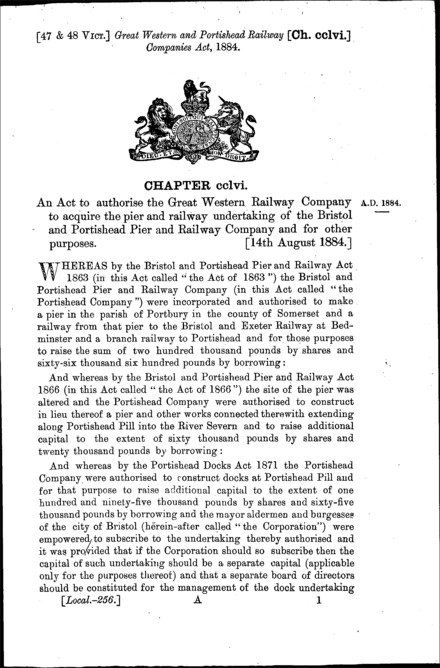Great Western and Portishead Railways Act 1884