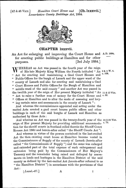 Hamilton Court House and Lanarkshire County Buildings Act 1884
