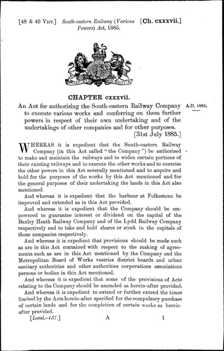South Eastern Railway (Various Powers) Act 1885