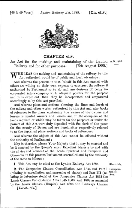 Lynton Railway Act 1885