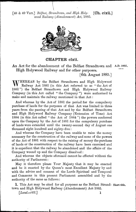 Belfast, Strandtown and High Holywood Railway (Abandonment) Act 1885