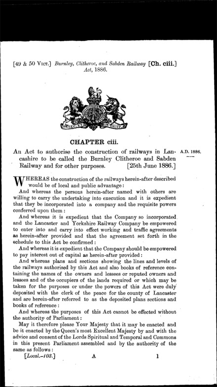 Burnley, Clitheroe and Sabden Railway Act 1886