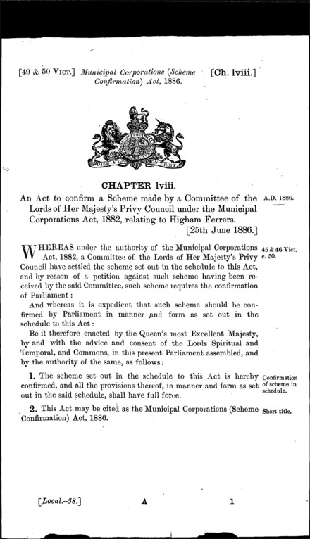 Municipal Corporation (Scheme Confirmation) Act 1886