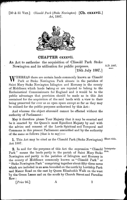 Clissold Park (Stoke Newington) Act 1887