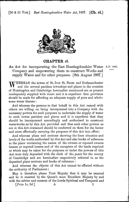 East Huntingdonshire Water Act 1887