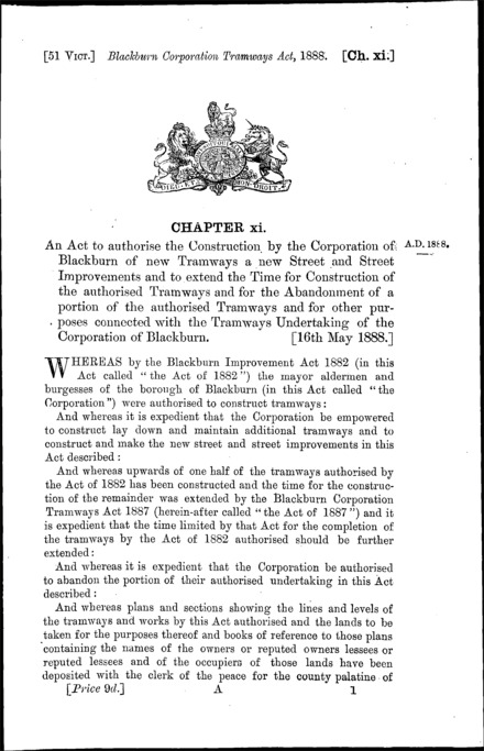 Blackburn Corporation Tramways Act 1888