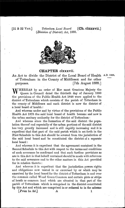 Tottenham Local Board (Division of District) Act 1888