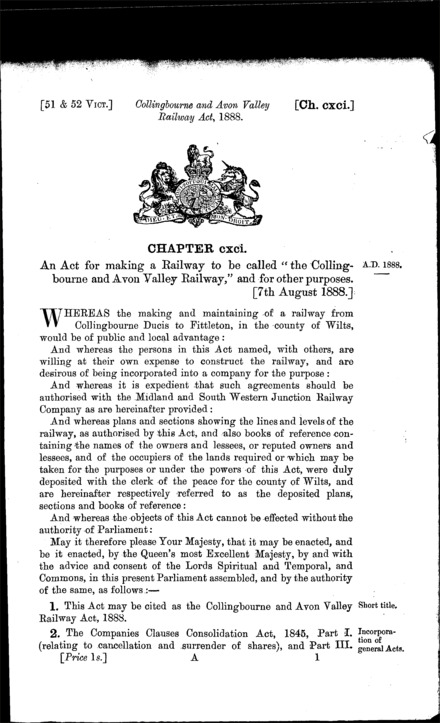 Collingbourne and Avon Valley Railway Act 1888