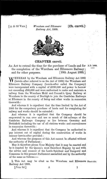 Wrexham and Ellesmere Railway Act 1888