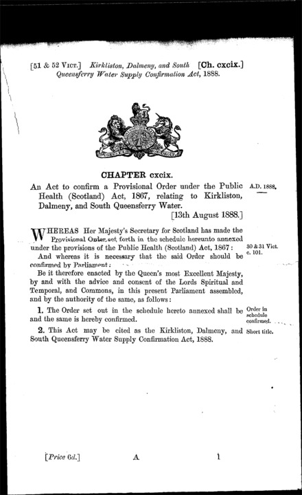 Kirkliston, Dalmeny and South Queensferry Water Supply Confirmation Act 1888