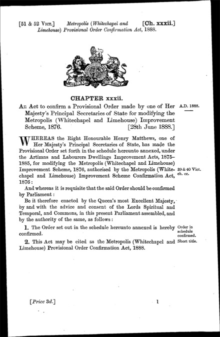 Metropolis (Whitechapel and Limehouse) Provisional Order Confirmation Act 1888
