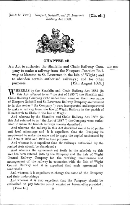 Newport, Godshill, and St. Lawrence Railway Act 1889