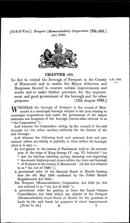 Newport (Monmouthshire) Corporation Act 1889