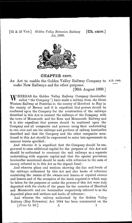 Golden Valley Extension Railway Act 1889