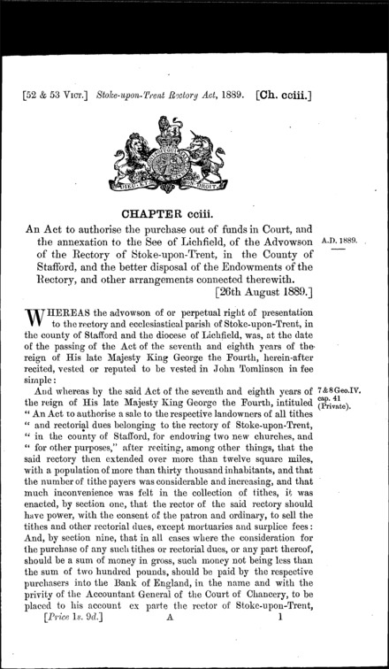Stoke-upon-Trent Rectory Act 1889