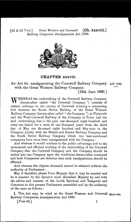 Great Western and Cornwall Railway Companies Amalgamation Act 1889