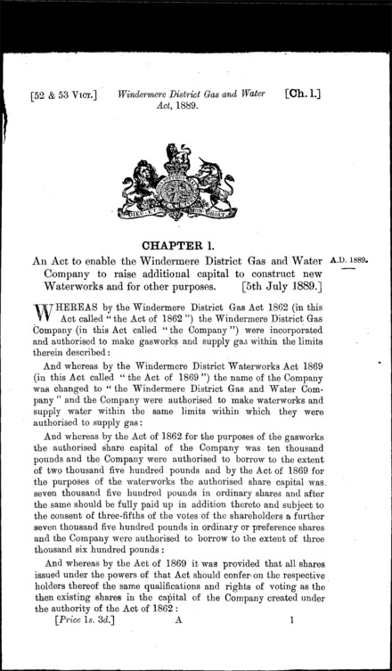 Windermere District Gas and Water Act 1889