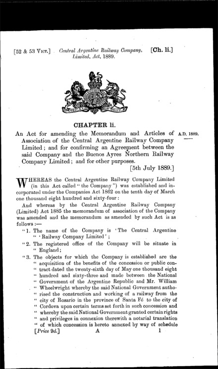Central Argentine Railway Company Act 1889