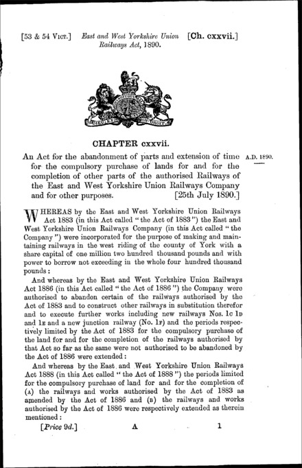 East and West Yorkshire Union Railways Act 1890